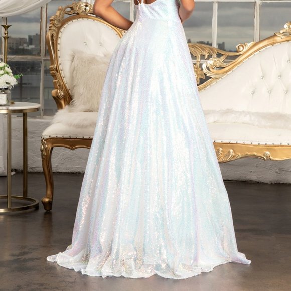 WHITE PROM PARTY Illusion Sweetheart Sequin A-line Dress w/ Side Slit GL3028 - Picture 4 of 5